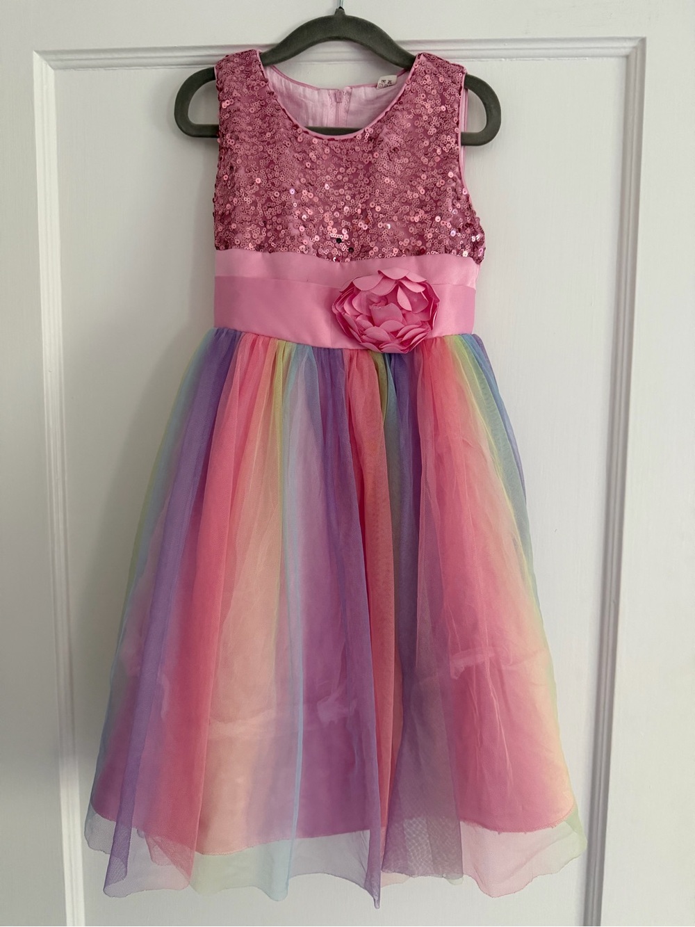 Girls Pink Sequin & Rainbow Tulle Party Dress